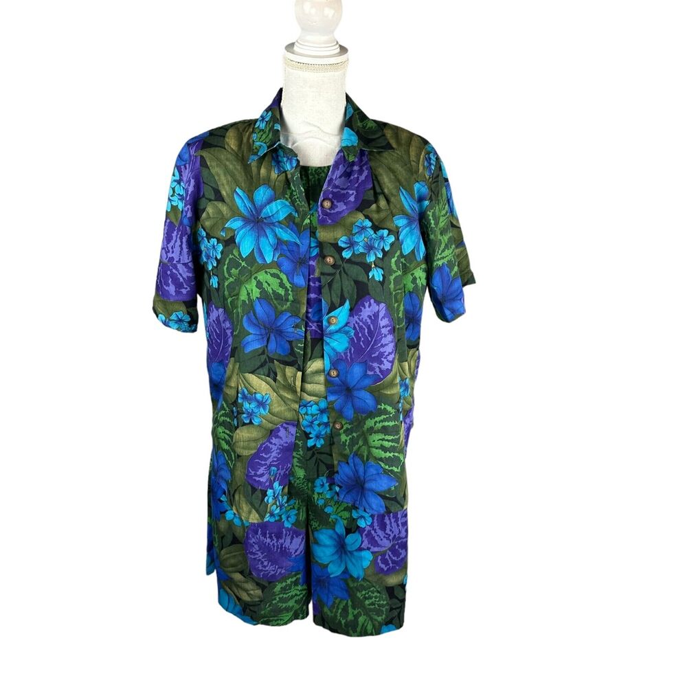 Cristin Stevens Womans Sz Small Petite 3 Piece Floral Short Set Top Green Blue
